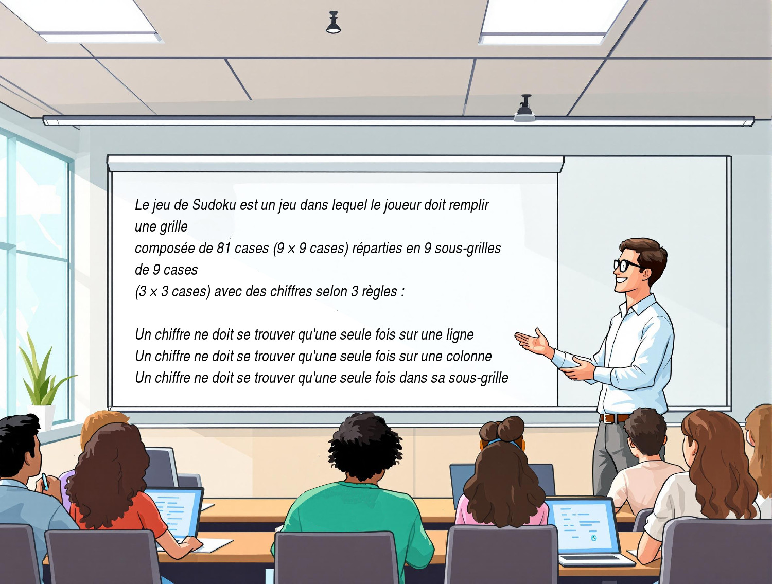 Salle de classe dans laquelle le professeur montre les règles du Sudoku au tableau Salle de classe dans laquelle le professeur montre les règles du Sudoku au tableau