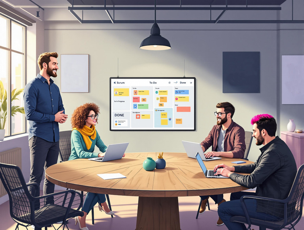 Equipe de quatre personnes réunies autour d'une table pour discuter Equipe de quatre personnes réunies autour d'une table pour discuter