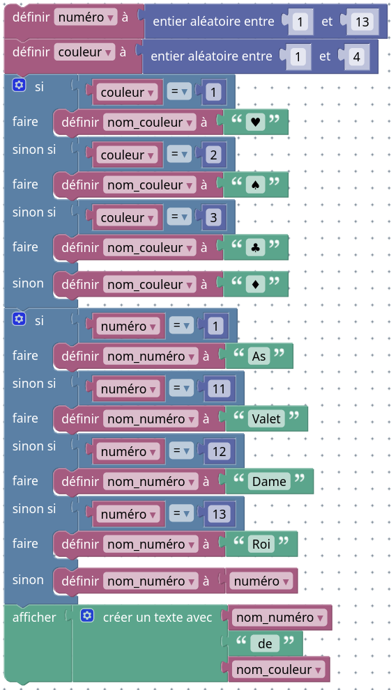 Algorithme permettant de tirer une carte au hasard, en affichant le nom de la carte et un symbole pour la couleur.
