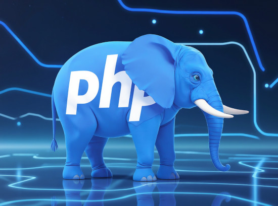 Elephant, logo de PHP, sur lequel est écrit le mot "PHP" dans un environnement sombre futuriste. Elephant, logo de PHP, sur lequel est écrit le mot "PHP" dans un environnement sombre futuriste.