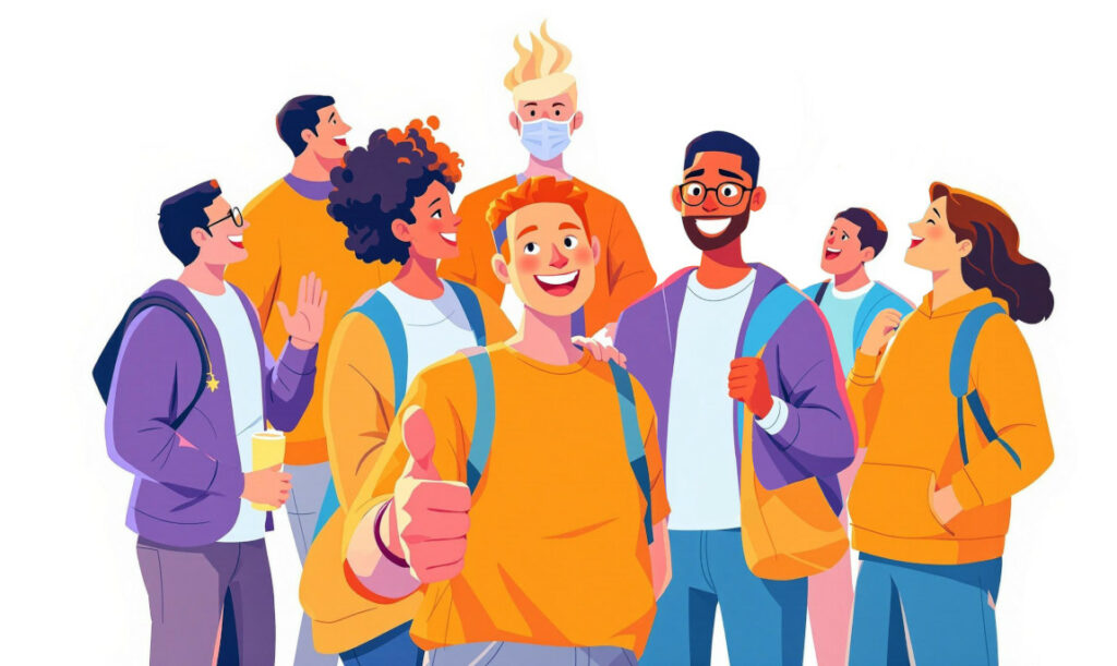 Illustration d'un groupe d'étudiants enthousiastes, l'étudiant en premier plan porte son pouce en l'air.